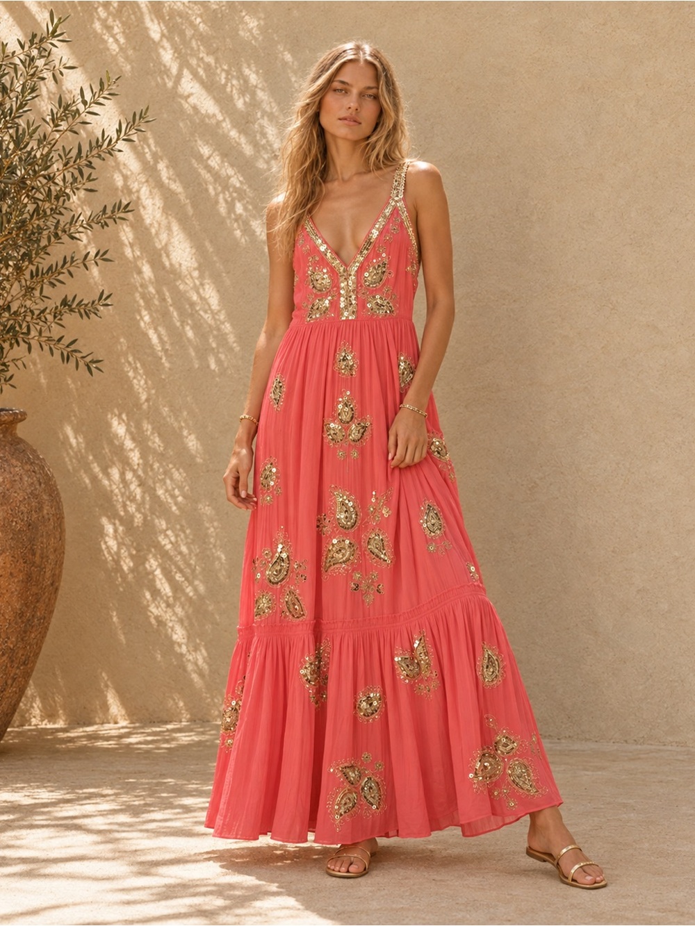 Calypso St. Barth Coral Gold Sequin Embroidered Maxi Dress XS
